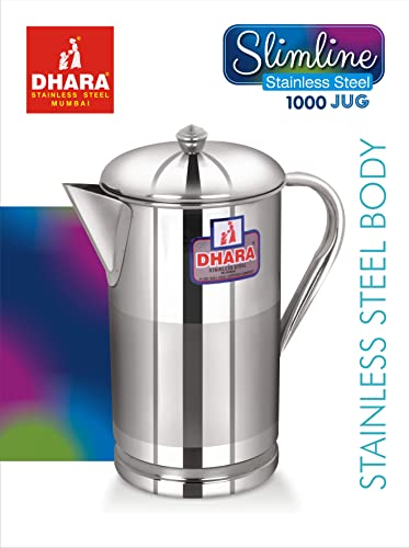 Image of Dhara Stainless Steel 1L Water Jug with Lid, Slim Steel Jug for Dining Table Water Serving, Leakproof, Rust Resistant Easy Pour Slimline Pitcher