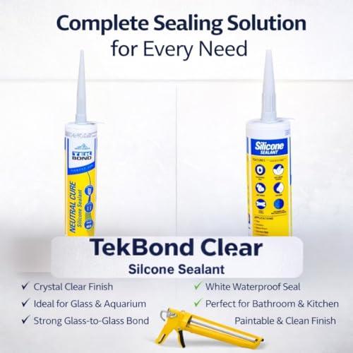 Image of Haxo TekBond Neutral Clear Silicone Sealant Adhesive Caulk with DIY GUN, Paintable, for General Purpose, Aquarium, Glass to Glass Adhesion Application (Clear)