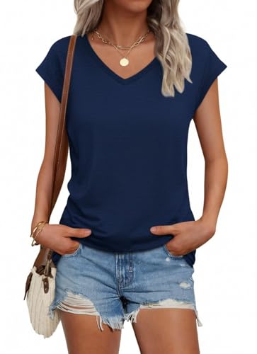 Suncife T-Shirt d'été décontracté à Manches Courtes et col en V pour Femme, Bleu, M