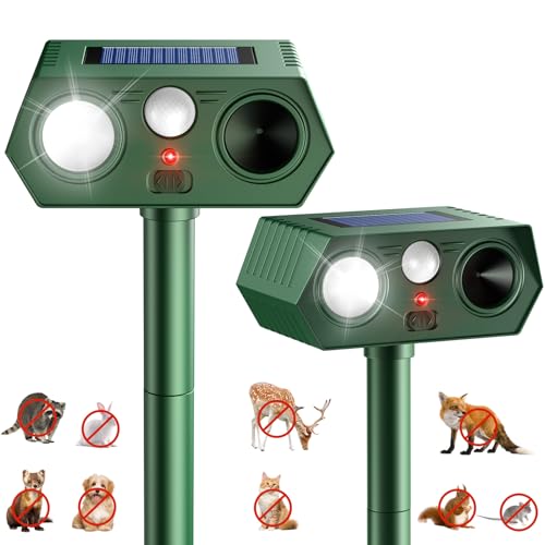 2026 Upgraded Solar Ultrasonic Animal Repellent Outdoor Deer Cat Repellent with Motion Sensor Flash Light,IP65 Waterproof Repeller Keep Rodent Squirrel Raccoon Opossum Skunk Out of Yard Farm -2 Pack