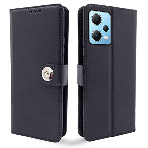 Image of Pikkme Poco X5 5G / Redmi Note 12 5G Flip Cover Leather Finish | Inside TPU with Card Pockets | Wallet Stand and Shock Proof | Complete Protection Button Flip Case (Black)