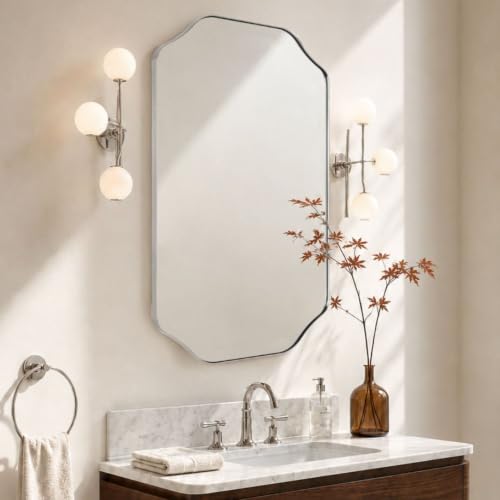 Image of TEHOME Chrome Scalloped Bathroom Mirror, 24x36'' Polished Silver Asymmetrical Bathroom Vanity Mirror for Wall