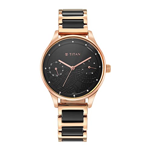 Titan Purple Acetate Quartz Analog with Day and Date Black Dial Two Toned Rose Gold and Black Metal & Acetate Strap Watch for Women - NT2670WD01