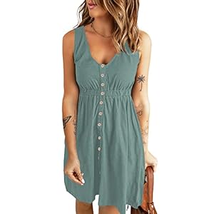 WNEEDU Summer Sleeveless Button Down Dresses V Neck A-Line Tank Elastic Waist Mini Dress with Pockets 2025 New Light Green 2XL