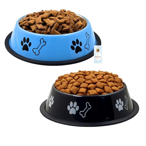 Image of Foodie Puppies Stainless Steel Dog Bowl Combo - (Medium,700ml) Food and Water Feeding Bowl | Suitable for Small to Medium Dogs I Paw Bone Print, Anti-Skid Rubber Base I Gift for Dogs (Skyblue + Black)