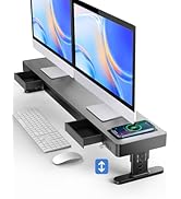 meatanty Dual Monitor Stand with 4 Adjustable Heights, Auto Phone Charging Pad, 4 USB Ports, Comp...