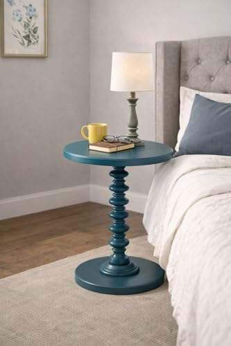 Image of Kundi Round Coffee End Table for Living Room - Modern Brown Accent Pedestal Side Table for Bedroom & Home Decor (Blue)