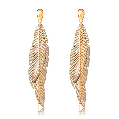 NVENF Feather Tassel Dangle Earrings for Women Bohemian Faux Leather Plume Gold-tone Metal Chain Fringe Statement Drop Earrings Vintage Ethnic Style Jewelry (Gold)
