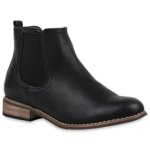 stiefelparadies Damen Stiefeletten Chelsea Boots Gefütterte Ankle Booties Leder-Optik Schuhe Klassisch 121387 Schwarz Braun Agueda 39 Flandell