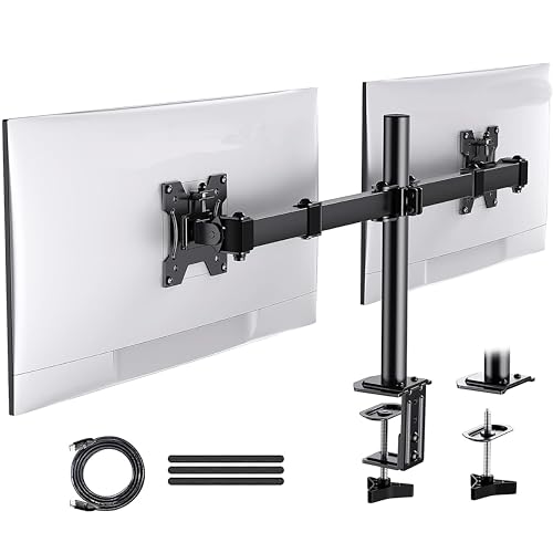 Lions Head Dual Monitor Desk Mount, Heavy Duty Fully Adjustable Steel Stand, Holds 2 Computer Screens up to 32 inch with HDMI 3 welgo Strap Stand Weig