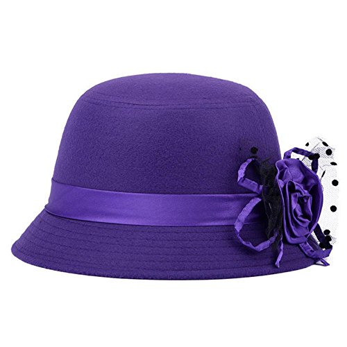 Drawihi Sombrero de fieltro para mujer, gorro de melón, elegante, sombrero de invierno con flores, otoño e invierno (púrpura), 58 cm, morado, 58
