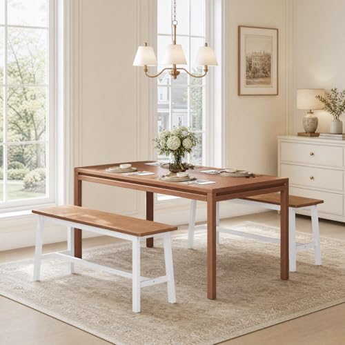 Image of HOOBRO 39.3'' Bamboo Dining Bench, Farmhouse Kitchen Table Bench, Kitchen & Living Room Furniture, Easy to Assemble, Sturdy and Stable, Walnut and White WH03CD01G2