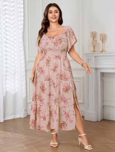 Image of SCOMCHIC Womens Plus Size Maxi Dress Formal Short Sleeve Square Neck Smocked Side Split Flowy A Line Tiered Long Dress