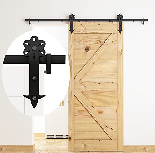 DIYHD 8FT Flower Cut Roller Sliding Barn Door Hardware,Heavy Duty Rustic Black Barn Door Track,Laser Cut Flower Hanger,Fit Door Width Up to 48"