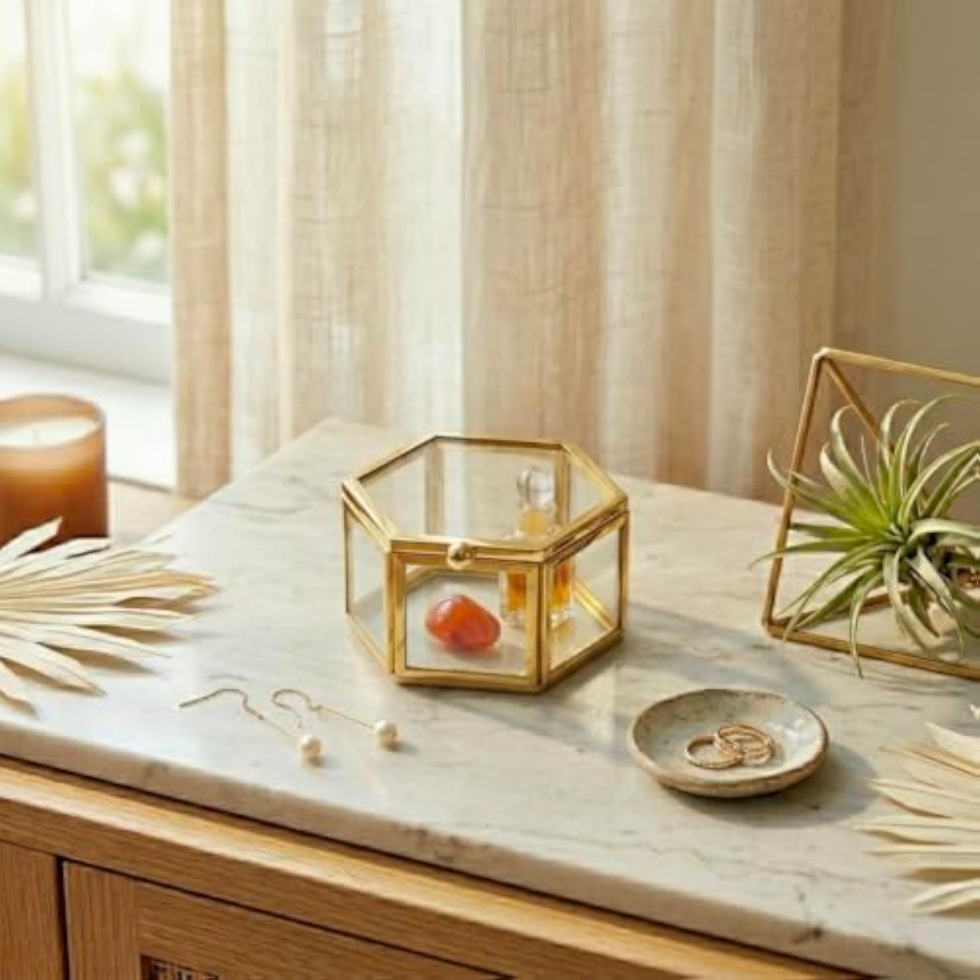 Hexagonal Glass Jewellery Box, Clear Geometric Style