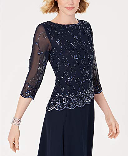 image for J Kara Women's Beaded Scallop Bodice Asymmetrical Gown, Navy/Mercury/G