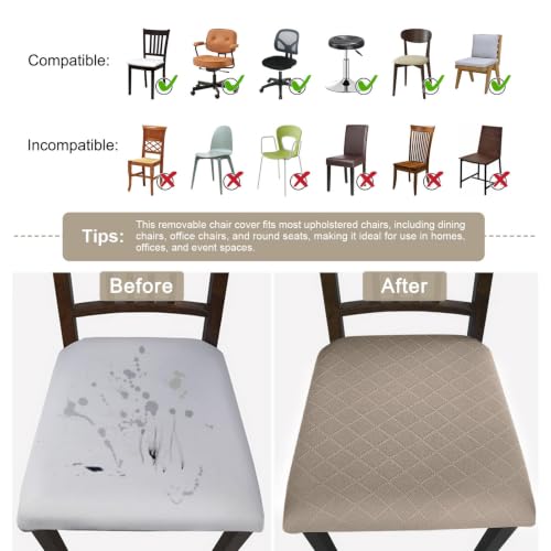 Image of SearchI Seat Covers for Dining Room Chairs Stretch Jacquard Chair Seat Covers Set of 6, Removable Washable Upholstered Chair Seat Protector Cushion Slipcovers for Kitchen, Office(Khaki Rhombus)