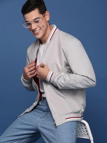 Image of SHOWOFFFF Men Solid Bomber Jacket | Mock Collar Full Sleeves Nylon Jacket for Mens | Slim Fit Jacket for Men's