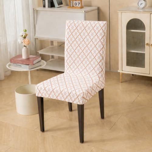 Image of HOMETHREADS Stretchable Elastic Jacquard Chair Seat Cover and Waterproof Dining Table Cover | Removable,Washable & Durable Chair Protector |for Dining Room (F Beige, 4Chairs+1Table Cover (150X180))