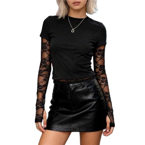 Going Out Tops for Women Sheer Lace Sleeve Shirts Cropped Basic Summer Tees Y2k Crewneck T-Shirts 2026 Trendy Top with Thumb Holes Black Small