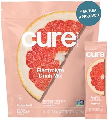 Cure Hydration | Plant-Based Electrolyte Drink Mix | No Added Sugar | FSA-HSA | Dehydration Relief Powder Made with Coconut Water | Non-GMO | Vegan | Pouch of 14 Packets - Grapefruit