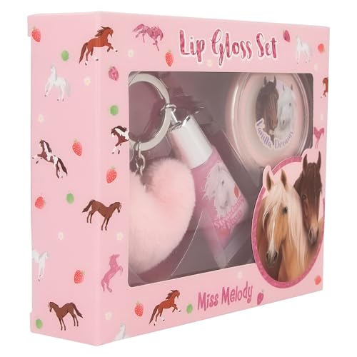 Depesche 12941 Miss Melody - Lipgloss Set im Pferde Design für Kinder, 2 Glosse mit fruchtigen Düften, inkl. Plüsch Anhänger, Pink
