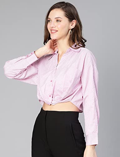 Image of oxolloxo Women Stripe Print Open Collared Cotton Crop Shirt