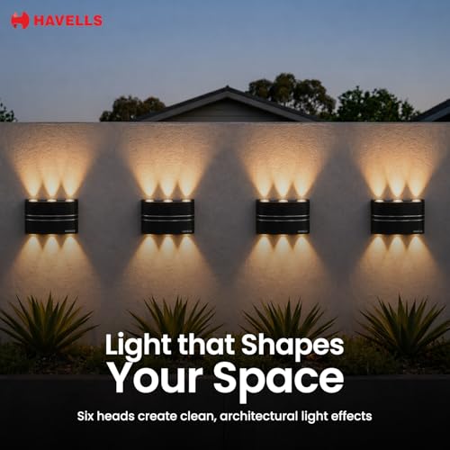 Image of Havells Brillante Outdoor Wall Washer 7W 6-Way Decorative Outdoor Light | IP65 Dust-Proof & Waterproof Outdoor Light | Colour : Warm White | Elegant 2H Wall Washer for Outdoor Spaces