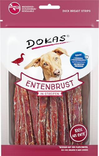 DOKAS - Snack di ottima qualità senza cereali, a strisce, per cani, con filetto di anatra