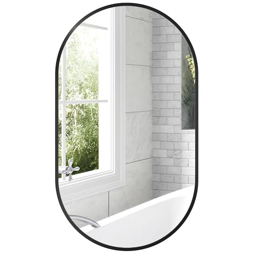 HOMCOM Specchio Bagno Ovale 40x70cm in Vetro Temperato, Specchio da Parete Moderno con Cornice in Lega di Alluminio, Montaggio Verticale/Orizzontale, per Camera da Letto, Ingresso, Soggiorno, Nero