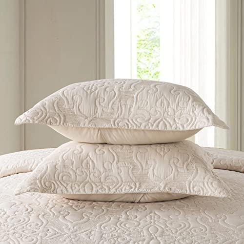 NEWLAKE Quilt Bedspread Set, Beige Jacquard Embossed Floral Pattern Reversible Embroidered Microfiber Coverlet Sets, Queen Size