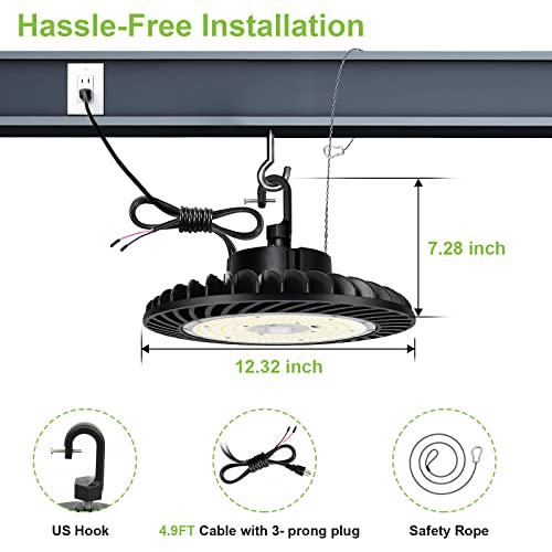 Hykolity 150W Ufo Led High Bay Light Fixture, 19,500Lm 1-10V Dimmable 5' Cable With Us Plug, [250W/400W Mh/Hps Equiv.] 100-277V, 5000K Commercial Warehouse Area Light For Wet Location #TOP6