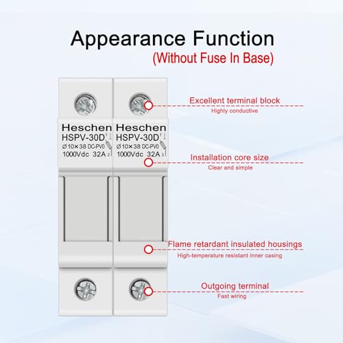 Heschen Solar-/Photovoltaik-Sicherungshalter, PV-Sicherungshalter, HSPV-30D, DC1000V 32A, 2-polig, 35mm DIN-Schienenmontage, für HSPV-30 ST-10PV 10 x 38 mm Sicherung (1)