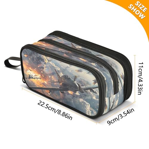 Image of Fighter Jets in Action Large Pencil Case, Pen Pouch Pencil Bag with 3 Compartments Pen Holder Organizer Stationery Bag