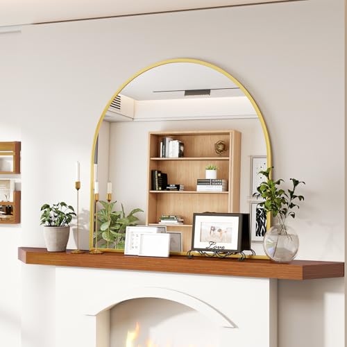 Image of VooBang Arched Wall Mirror, 26 x 28 inch Arch Bathroom Mirror, Wall Mounted Vanity Mirror with Arch Metal Frame, Modern Bathroom Vanity Mirror for Bedroom, Living Room, Hanging or Leaning, Gold