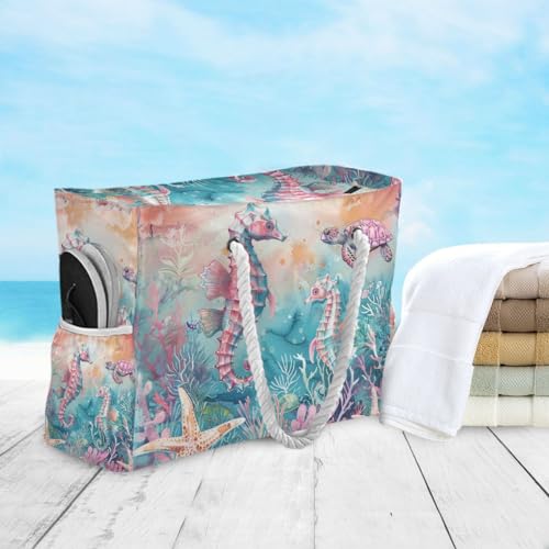 Image of Beach Tote Bags for Women, Turtle Flower Starfish Large Beach Shoulder Bag Pool Bags Purse