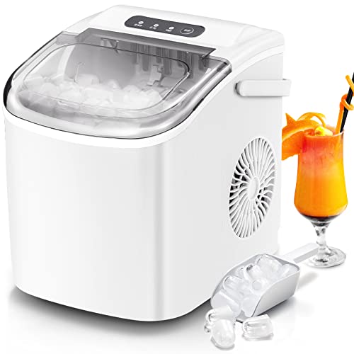 ZAFRO Ice Maker Countertop, Portable Ice Maker Machine with Handle and Ice Bag, Self -Cleaning Ice Maker, Makes up to 26LBS/24H, 9 Cubes in 6 mins Decor for Camping/Homehouse/Kitchen（White）