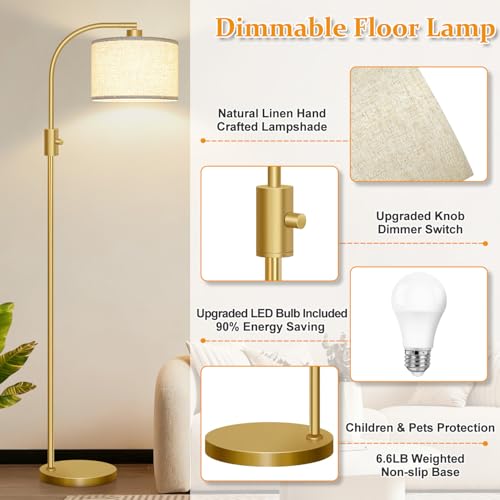Image of Nintiue Upgraded Modern Arc Dimmable Tall Standing Floor Lamp with Linen Shade, 1200 Lumens LED Bulb Included, for Living & Reading Room, Bedroom, Office & Nursery, Gold