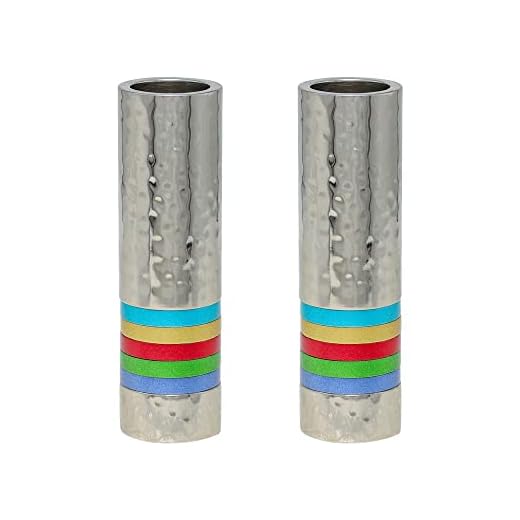 Yair Emanuel - Hammered Nickel Cylinder Candlesticks - Multi Color Rings - Shabbat and Yom Tov (CSO-1)