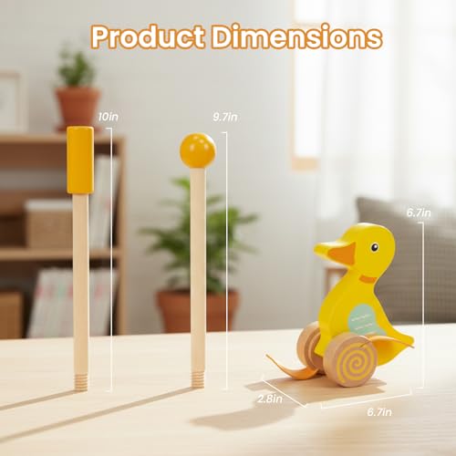 Image of Wooden Push Toys for Toddlers 1-3, Baby Pull Along Stick Walking Duck | Montessori Early Development Toy for 1 Year Old Girls Boys Birthday Gift