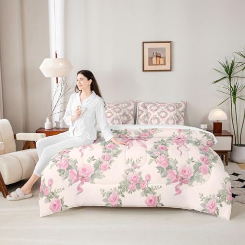 Image of Pink Bow Bed in a Bag Queen Comforter Set 7 Piece | Romantic Rose Bedding Sets Dreamy Boho Floral Comforter and Sheet Set, Princess Bowknot Bed Sets,Cute Room Decor Aesthetic Kawaii