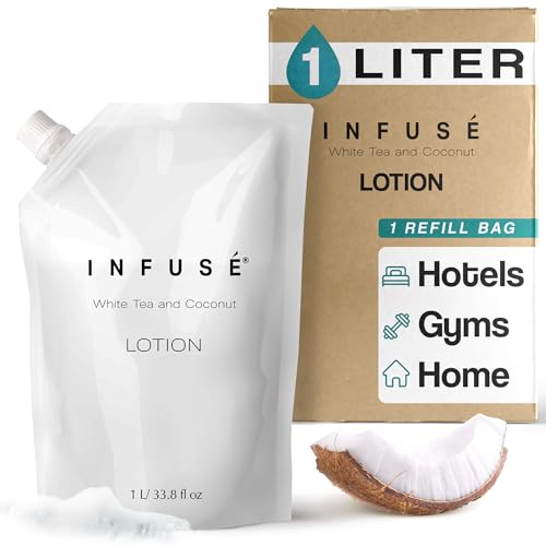 INFUS 1 Liter Lotion Refill Bag For Soap Dispensers | Bulk Toiletries for Vacation Rentals and Home Bathroom Showers | White Tea and Coconut | Single