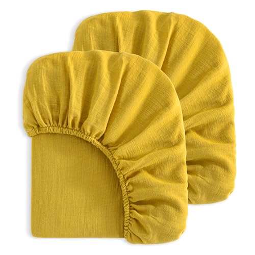 Image of NTBAY 2 Pack Muslin Cotton Mini Crib Sheets, Soft and Breathable Double Layer 24x38 Baby Crib Sheets for Mini Crib and Toddler Mattresses, Boys, Girls, Unisex, Ginger Yellow, 24x38 Inches