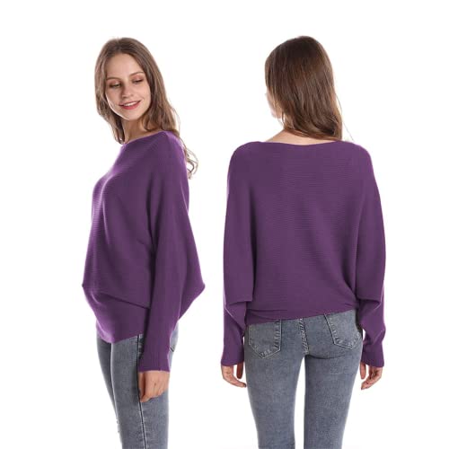 Image of FULIER Women Oversized Boat Neck Batwing Sleeves Dolman Knitted Sweaters Lightweight Pullovers Tops One Size