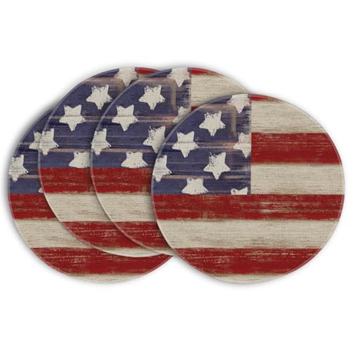 Artoid Mode American Star Stripes 4th of July Round Placemats Set of 4,14 Inch Patriotic Memorial Day Table Mats for Party Kitchen Dining Decoration