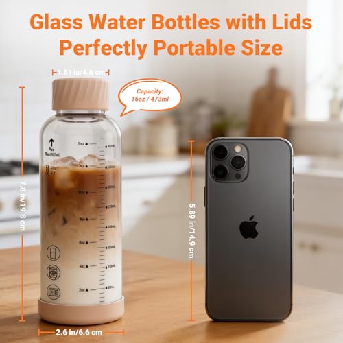 Image of Luxfuel 16 oz Glass Juice Bottles, 6 Pack Leakproof Borosilicate Glass Bottles with Measurement Marks & Stainless Steel Lids for Juicing, Smoothies - Ideal for Office Workers & Healthy Home Juicing