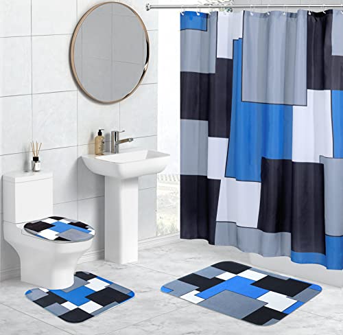 HBlife 4-teiliges Duschvorhang-Set mit rutschfestem Teppich, WC-Deckelbezug und Badematte, geometrisches blaues Badezimmer-Set mit Duschvorhang und Teppichen, 180.3x180.3 cm Duschvorhang mit 12 Haken Cover