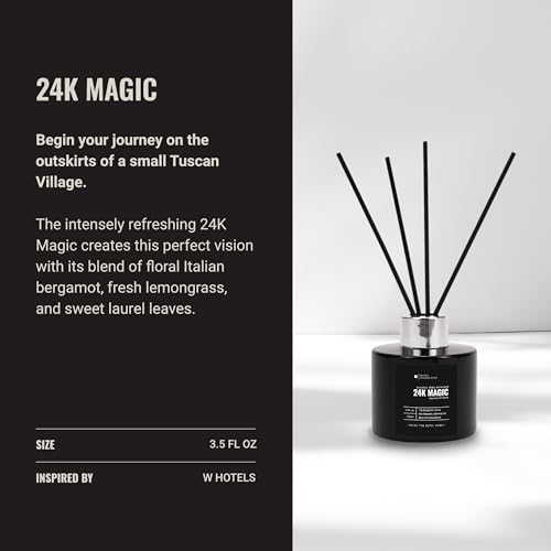 Image of Hotel Collection - 24K Magic - Reed Diffuser Set - Luxury Aromatherapy - Lemon, Bergamot, Black Fig, Cedarwood, Amber, Musk & Blonde Woods - Essential Oil Diffusers - Shelf Decor - 100mL /3.5 FL oz