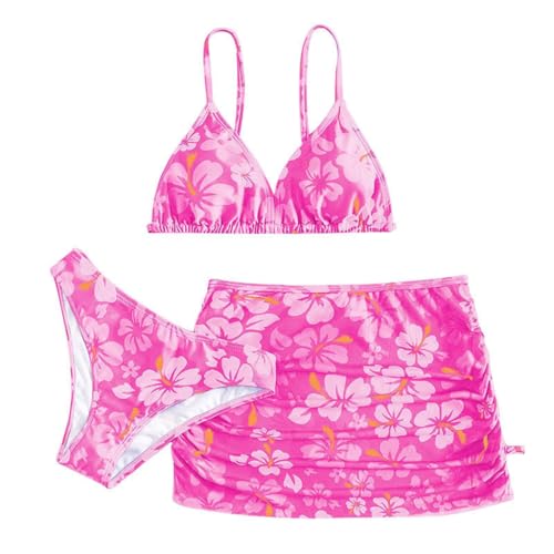 PythJooh Girls' 3 Piece Swimsuit Set Floral Prints Bikini Swimwear with Drawstring Beach Cover-Up Skirt Bathing Suit for 8-13Years Pink