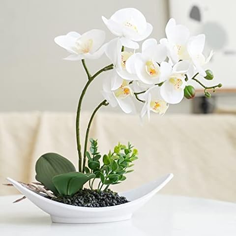 Ohmywor Artificial Flowers White Orchid Flower Faux Phalaenopsis Arrangements Fake Flowers with White Pot 13.4" High for Home Decor Indoor Living Room Bathroom Cover